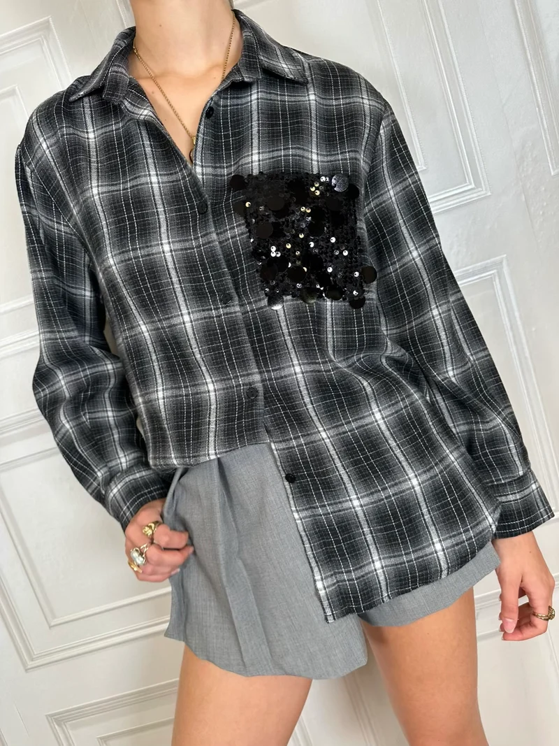 Camicia scozzese grigio taschino paillettes - Susymix