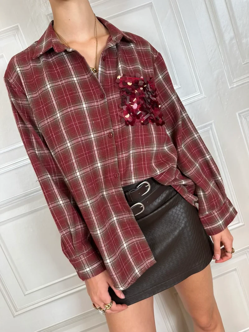 Camicia scozzese bordeaux taschino paillettes - Susymix