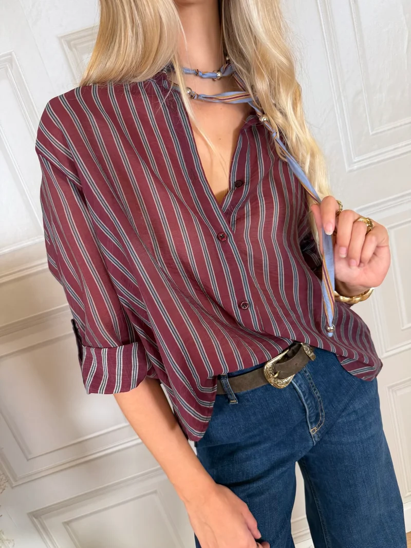 Camicia collana rigata bordeaux - Nomad Haveone