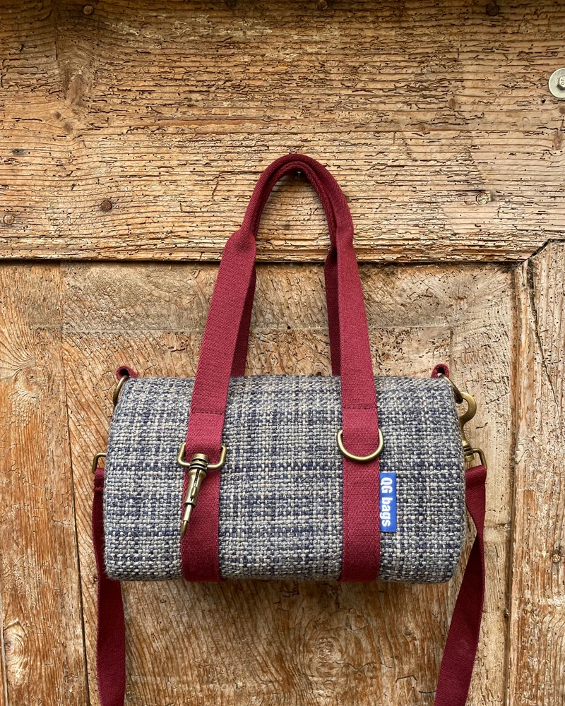 MISS BAG tessuto intrecciato blu/grigio + manico bordeaux