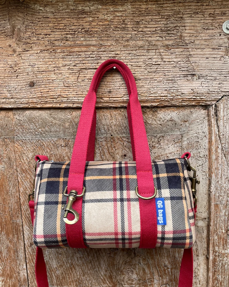 MISS BAG velluto impermeabile tartan + manico rosso scuro