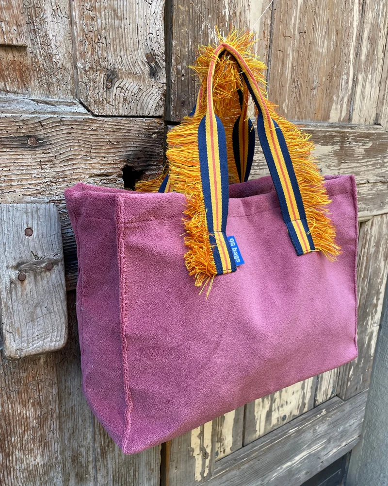 GINGI'S BAG tessuto spugna rosa antico - manico fru fru blu/ocra