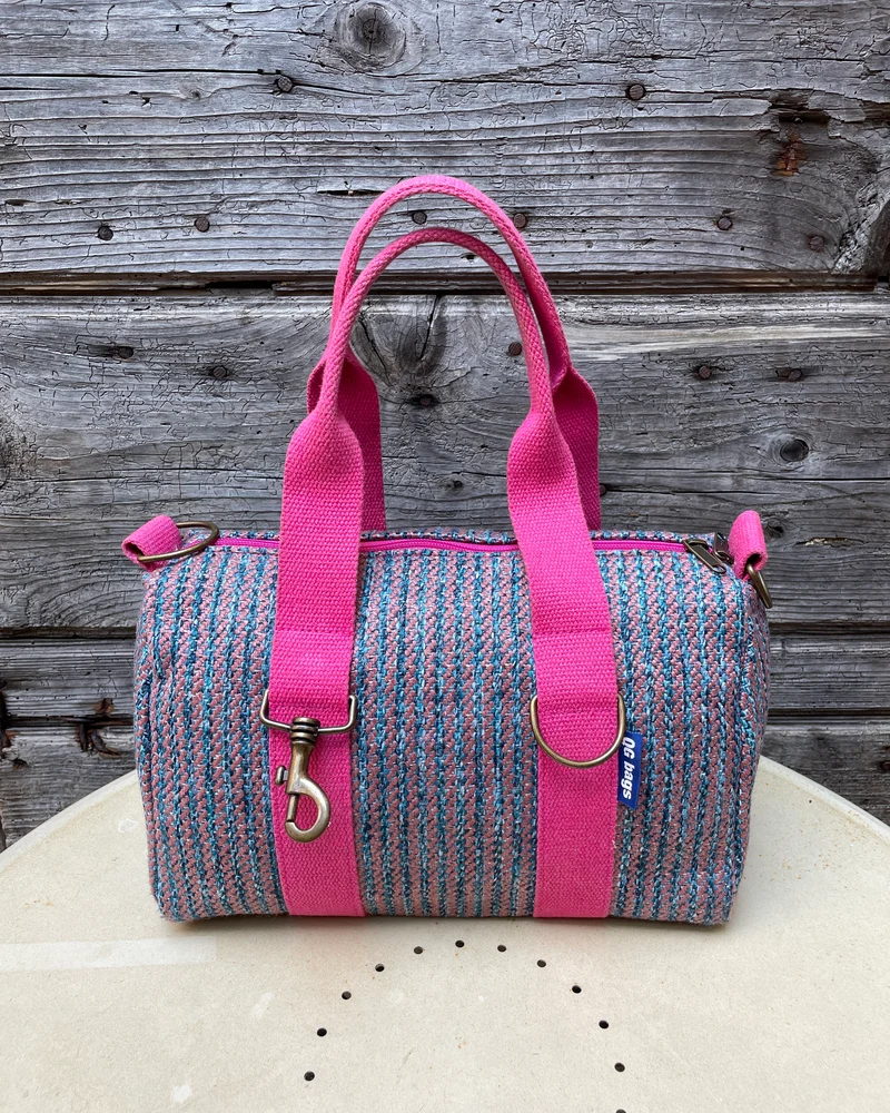 Lady Bag - cotone jaquard rosa/azzurro - manico fucsia