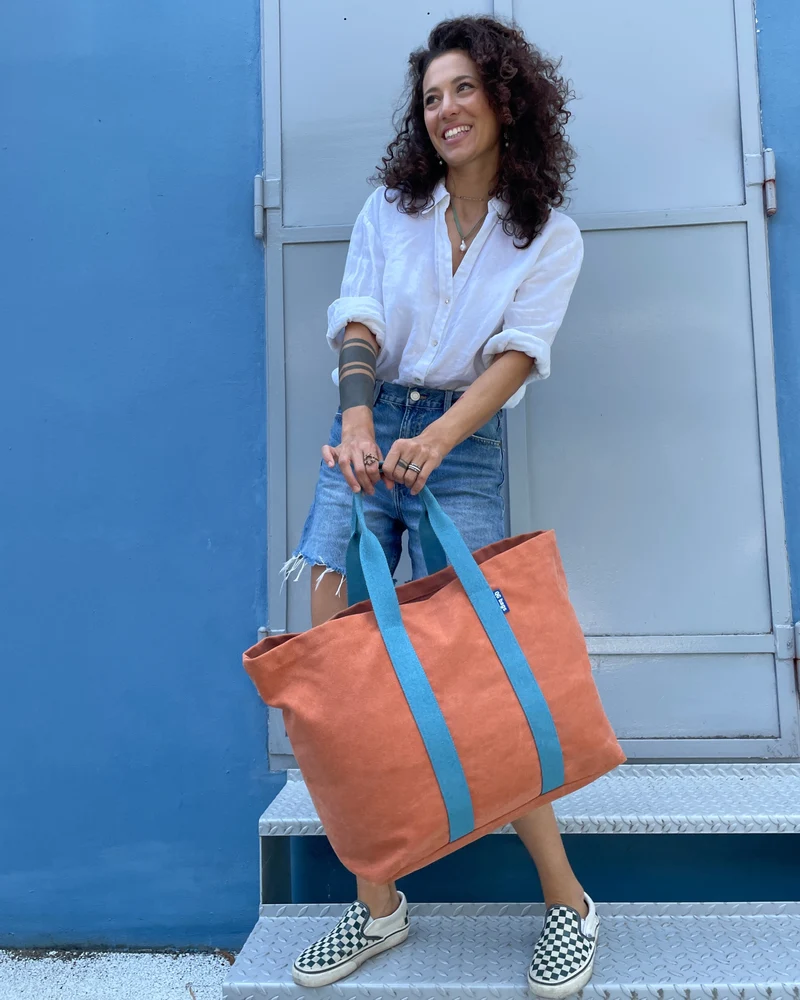 SUPER BAG tessuto cotone terracotta + manico azzurro