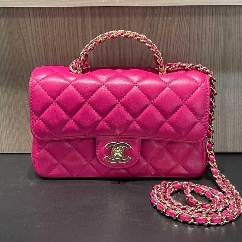 Borsa Chanel Mini Crystal & Brass Top Handle, usata, in rosa scuro