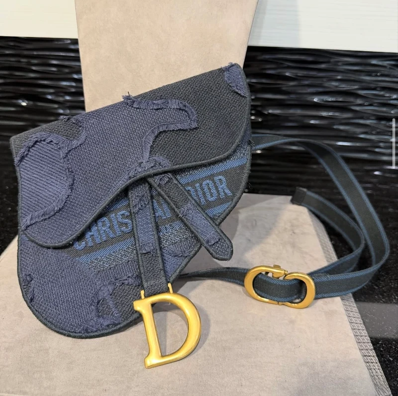 Borsa Saddle Belt in tela ricamata mimetica di Christian Dior usata, blu (2019)