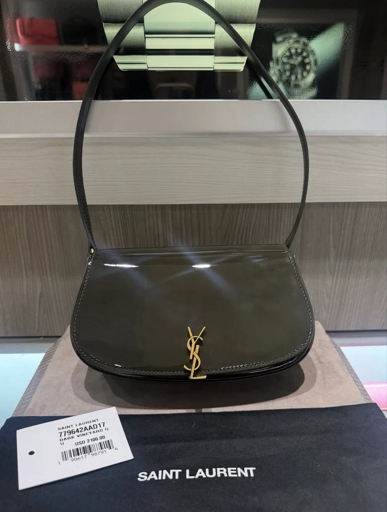 Borsa a tracolla Saint Laurent Mini Voltaire mai indossata in pelle verniciata verde scuro