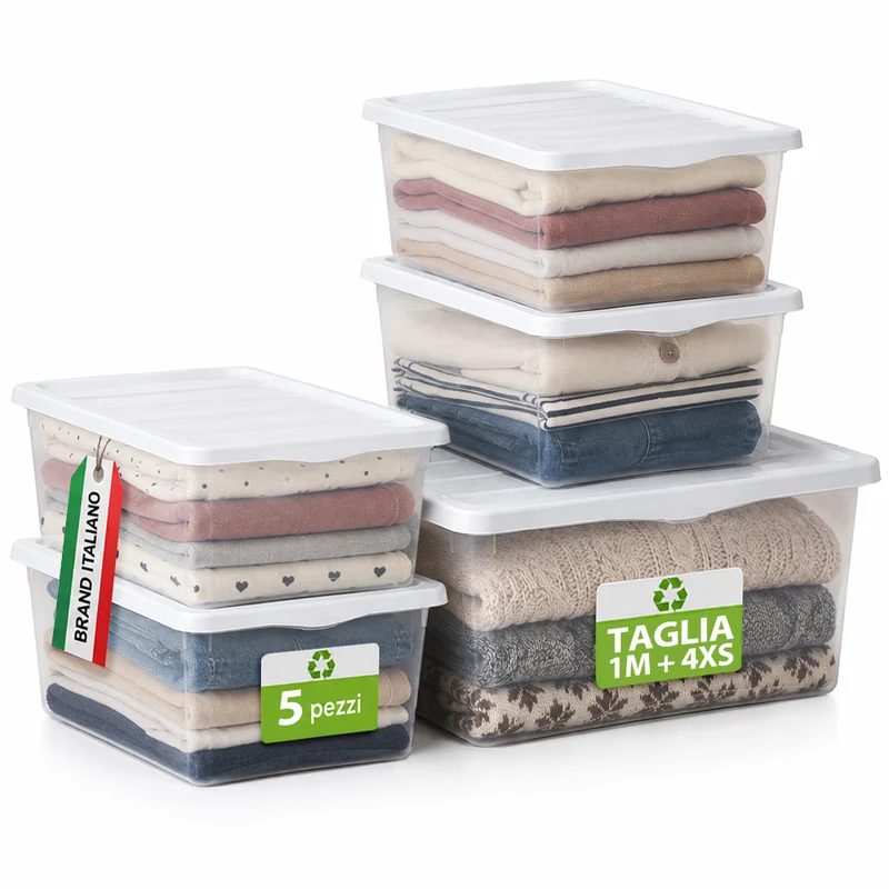 Set 5 Contenitori in Plastica Spring Box 1M + 4XS Coperchio Bianco Portaoggetti