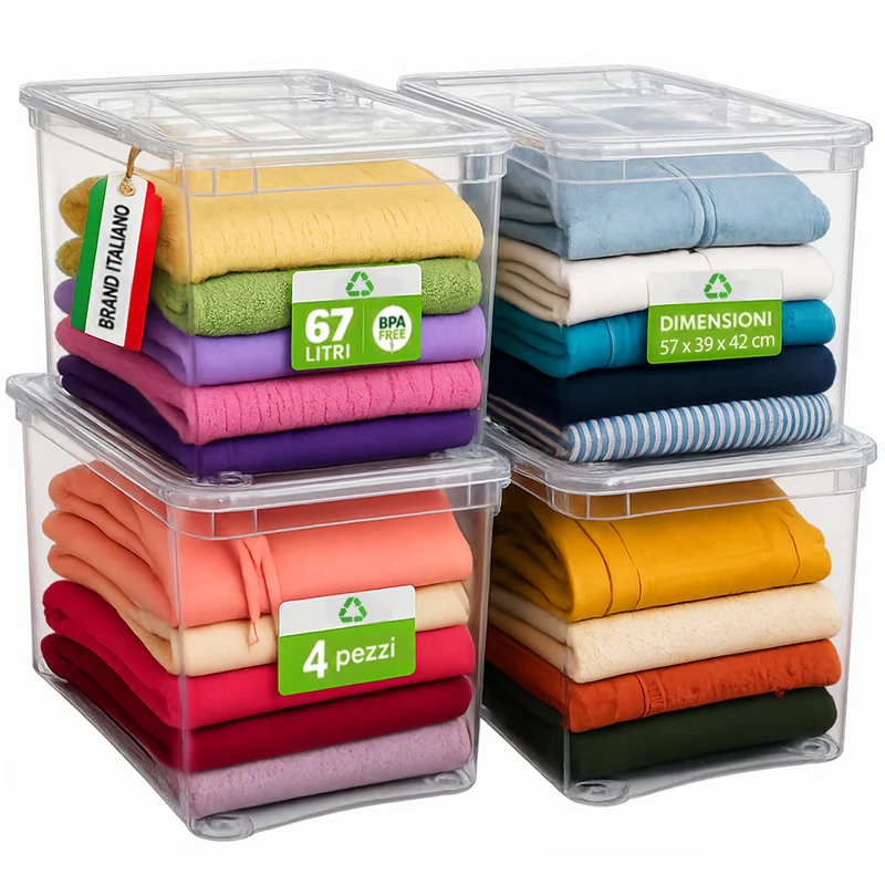 4 Pezzi Storage Box Marea Contenitori Trasparenti Plastica 67L x 4Pz 57x39x42cm