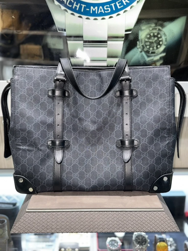 Borsa tote strutturata Gucci GG usata con dettagli in pelle, grigio e nero, modello Supreme: 626356