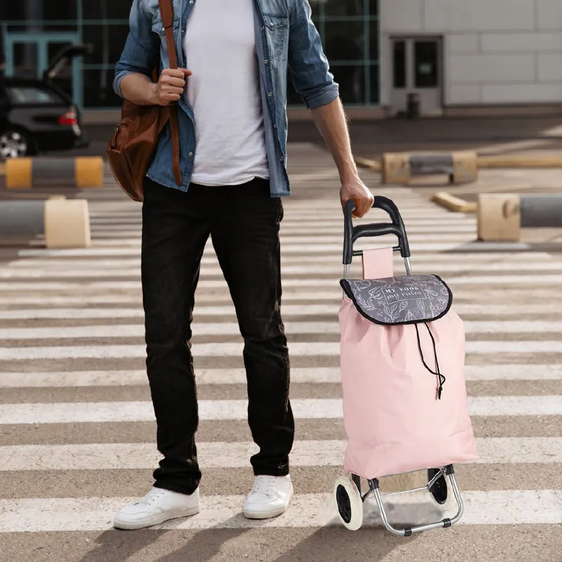 Carrello Portaspesa con Manico e 2 Ruote in Metallo Zincato Borsa da 33LT Rosa