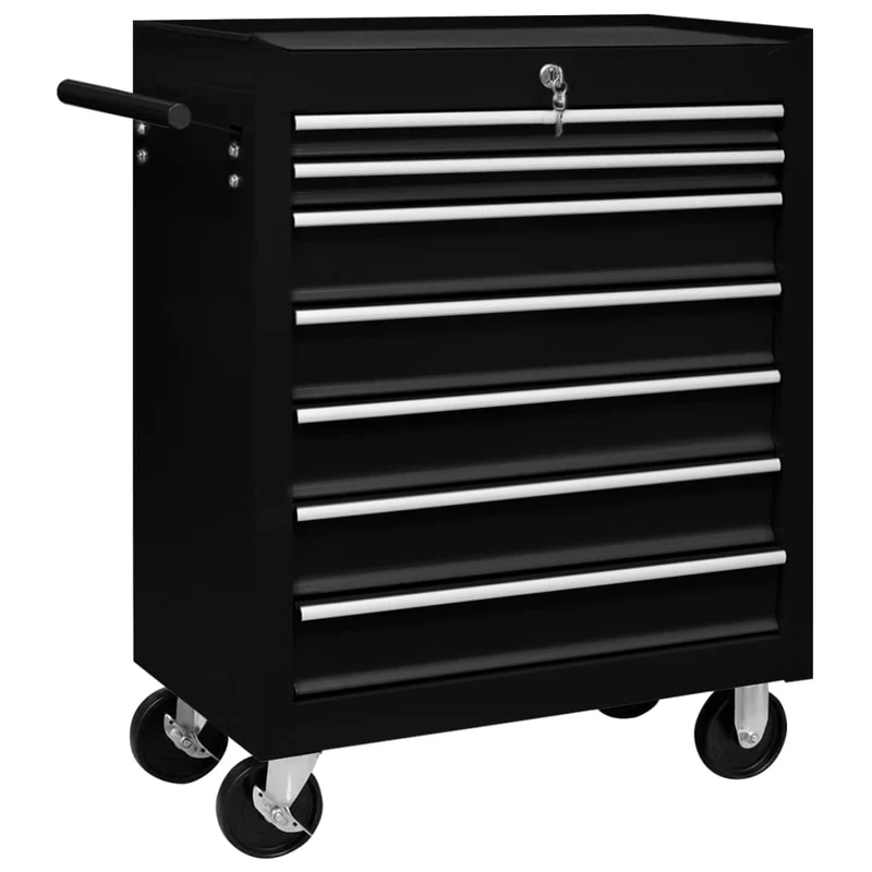 Carrello Portautensili 7 Cassetti in Acciaio Nero con Ruote e Chiusura