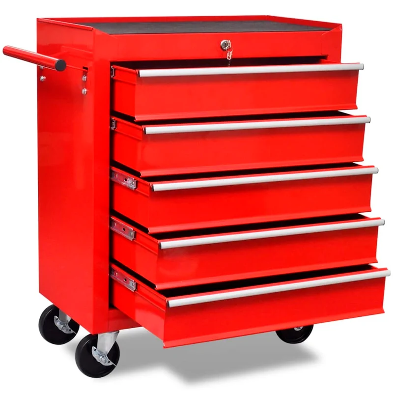 Carrello Portautensili 5 Cassetti in Acciaio Rosso con Ruote e Chiusura