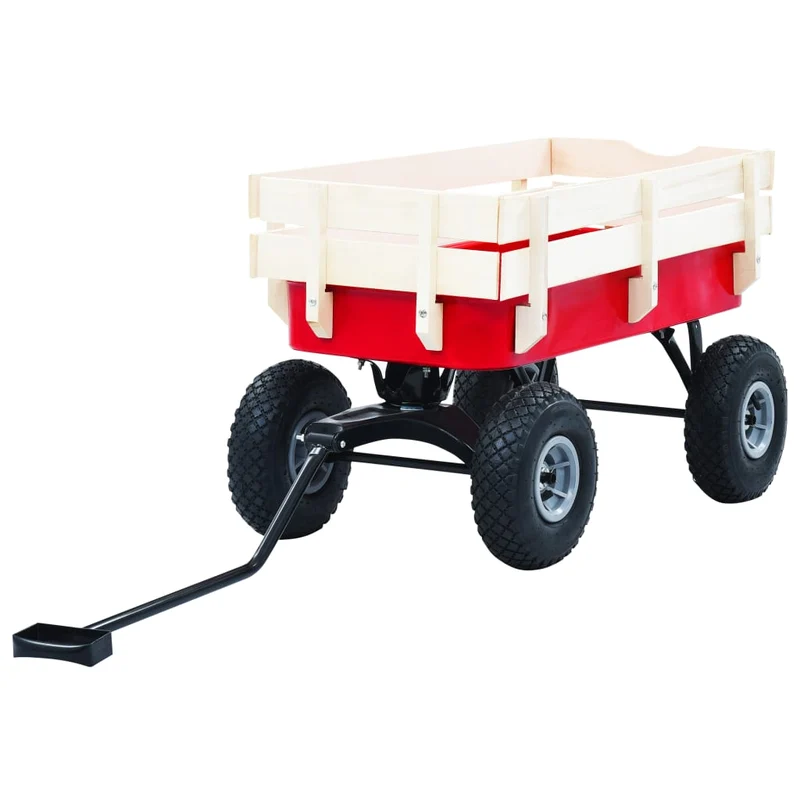 Carrello a Mano Rosso Portata 150 kg con Sponde in Legno e Ruote Grandi