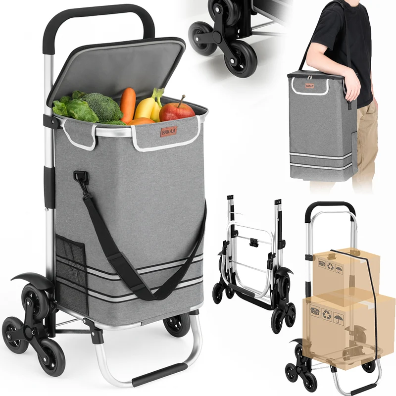 Carrello Spesa Montascale 56L Grigio Borsa Termica Trolley Portaspesa e Tracolla