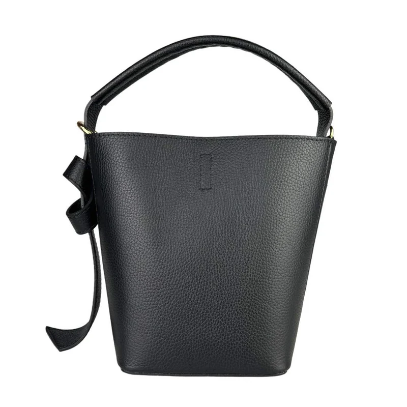 Borsa a secchiello vera pelle con tracolla - nera