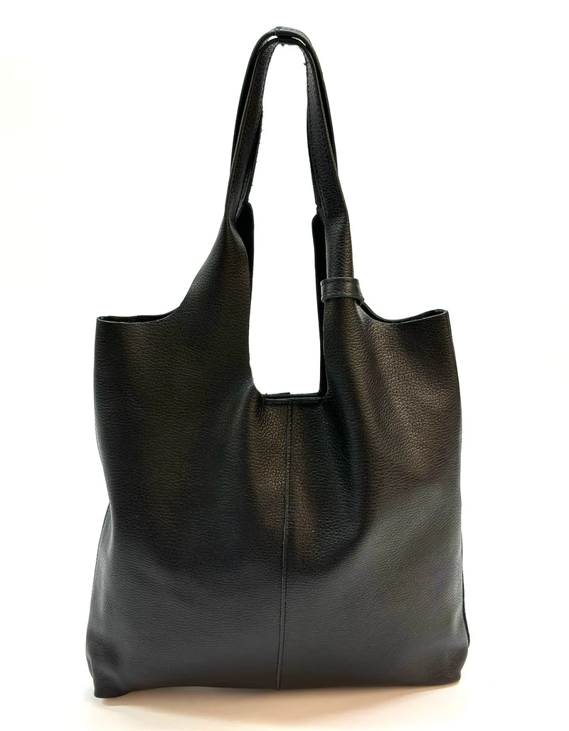 Borsa shopper a spalla vera pelle - nera