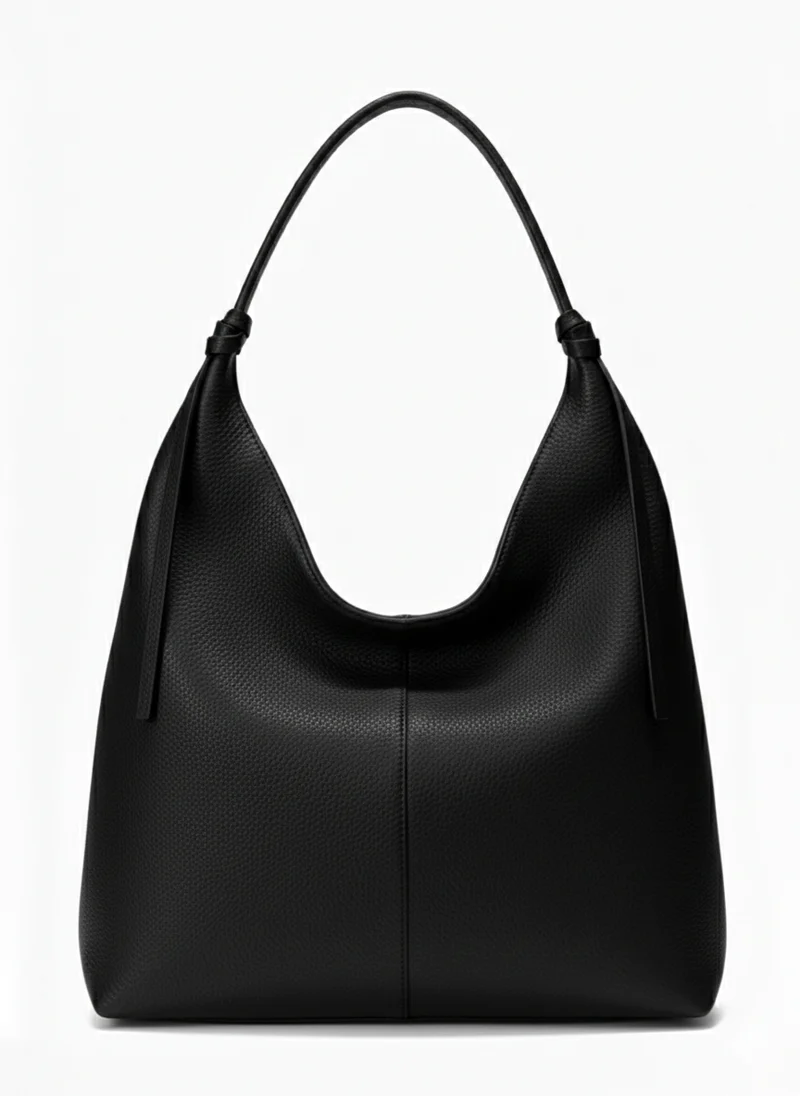 Borsa sacca a spalla con zip vera pelle - nera