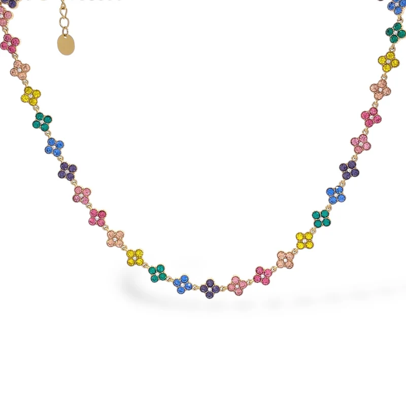 SODABIJOUX - Collana girocollo tennis fiori acciaio base oro e pietre colorate