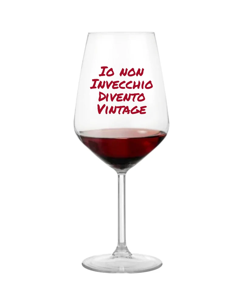 Calice da vino scritta divertente "io non inveccchio divento vintage" rosso