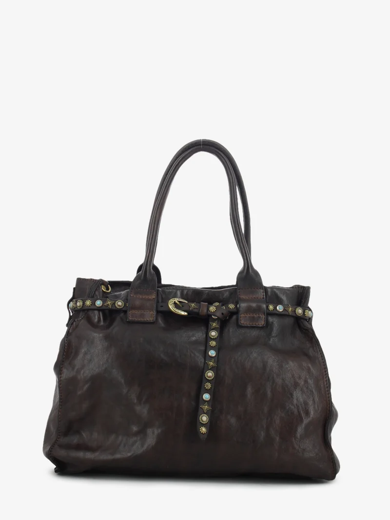 Shopper Rossella in pelle con borchie marrone
