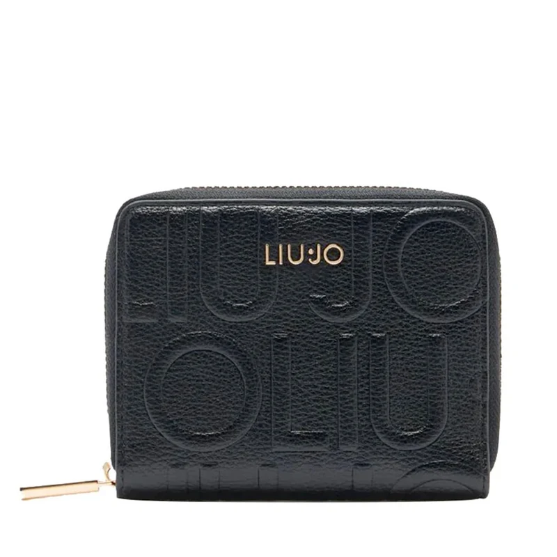Portafoglio Donna Piccolo Zip Around LIU JO effetto Bottalato con Logo in Rilievo Nero
