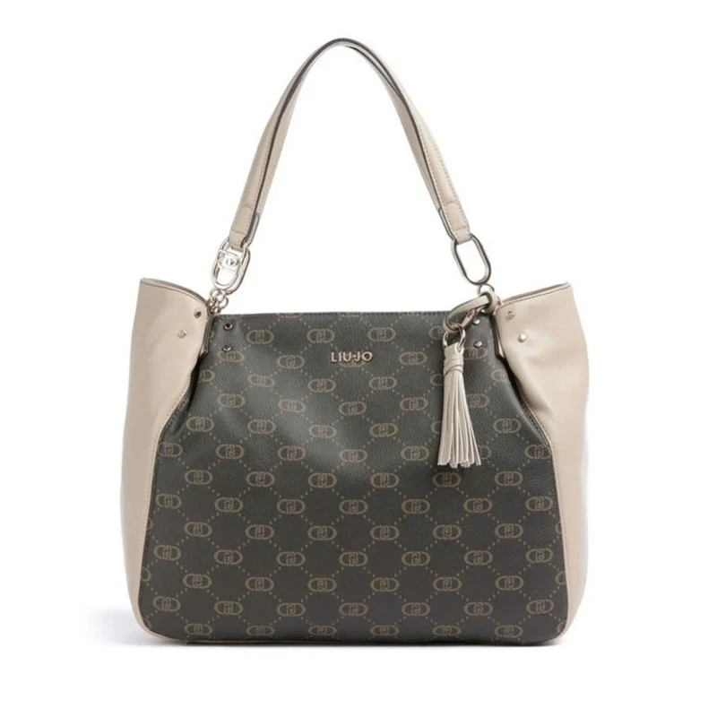 Shopping Bag LIU JO Marrone con Logo Monogram e Inserto effetto Bottalato Beige