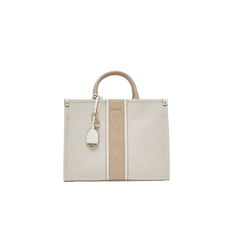 Borsa media a mano color crema e jacquard