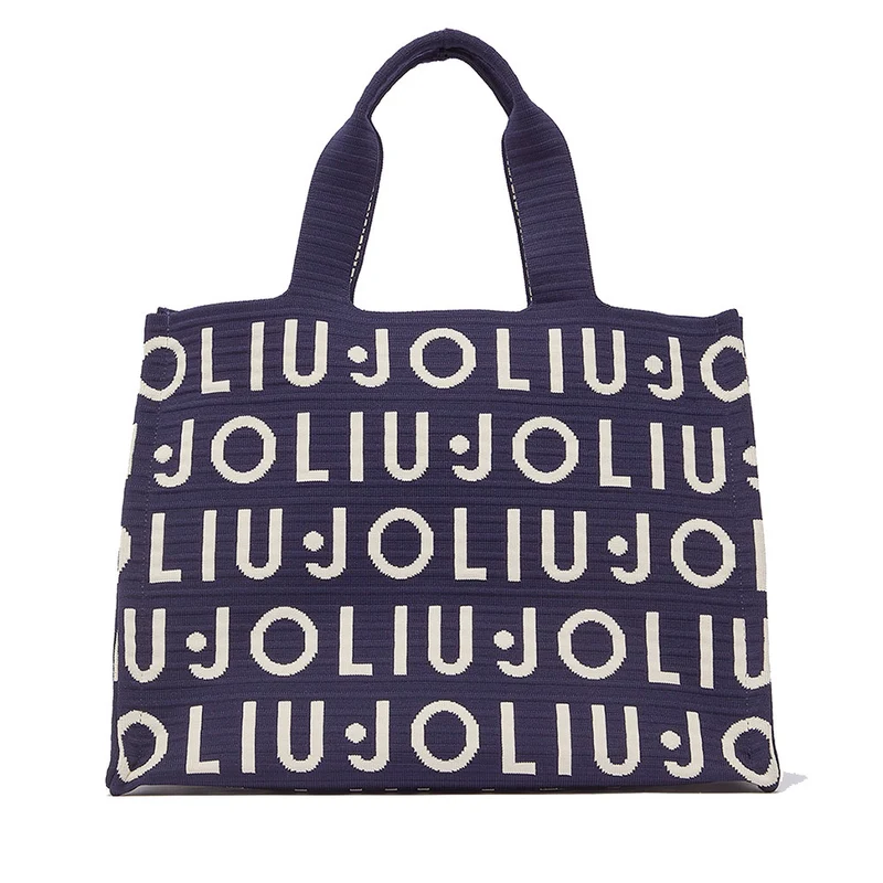 Tote Bag Large LIU JO in Maglia Blu Scuro con Logo Jacquard Bianco