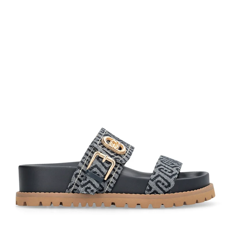 Ciabatte Donna Doppia Fascia LIU JO Livia 02 in Denim Jacquard Logato Blu Scuro