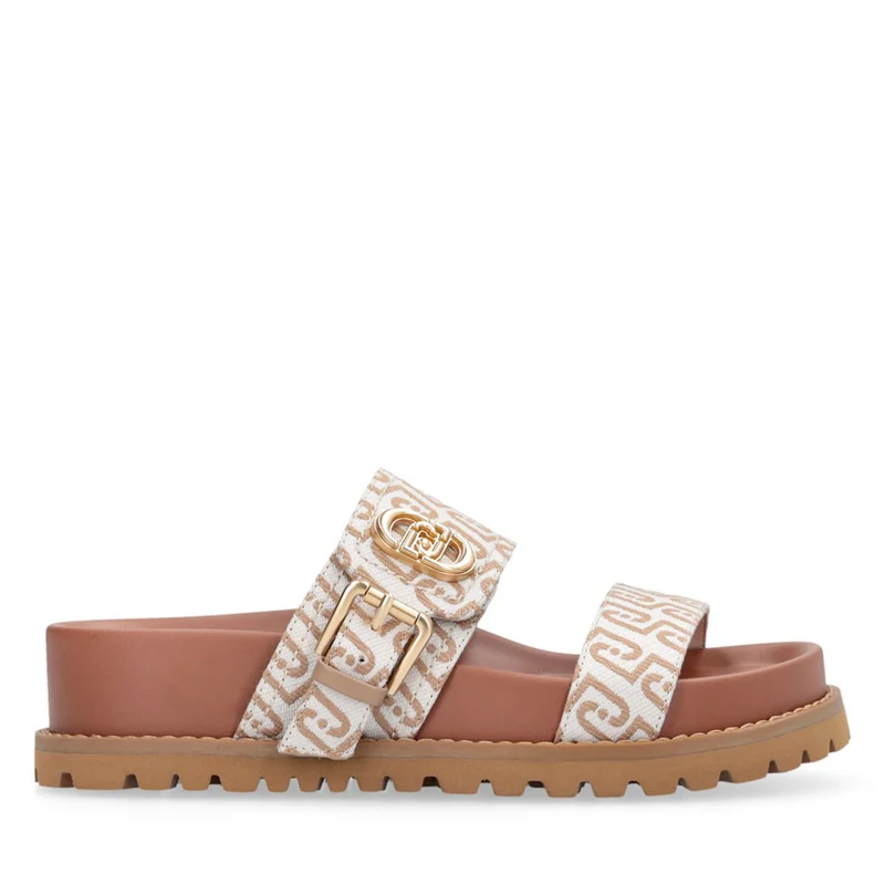 Ciabatte Donna Doppia Fascia LIU JO Livia 02 in Tessuto Jacquard Logato Beige