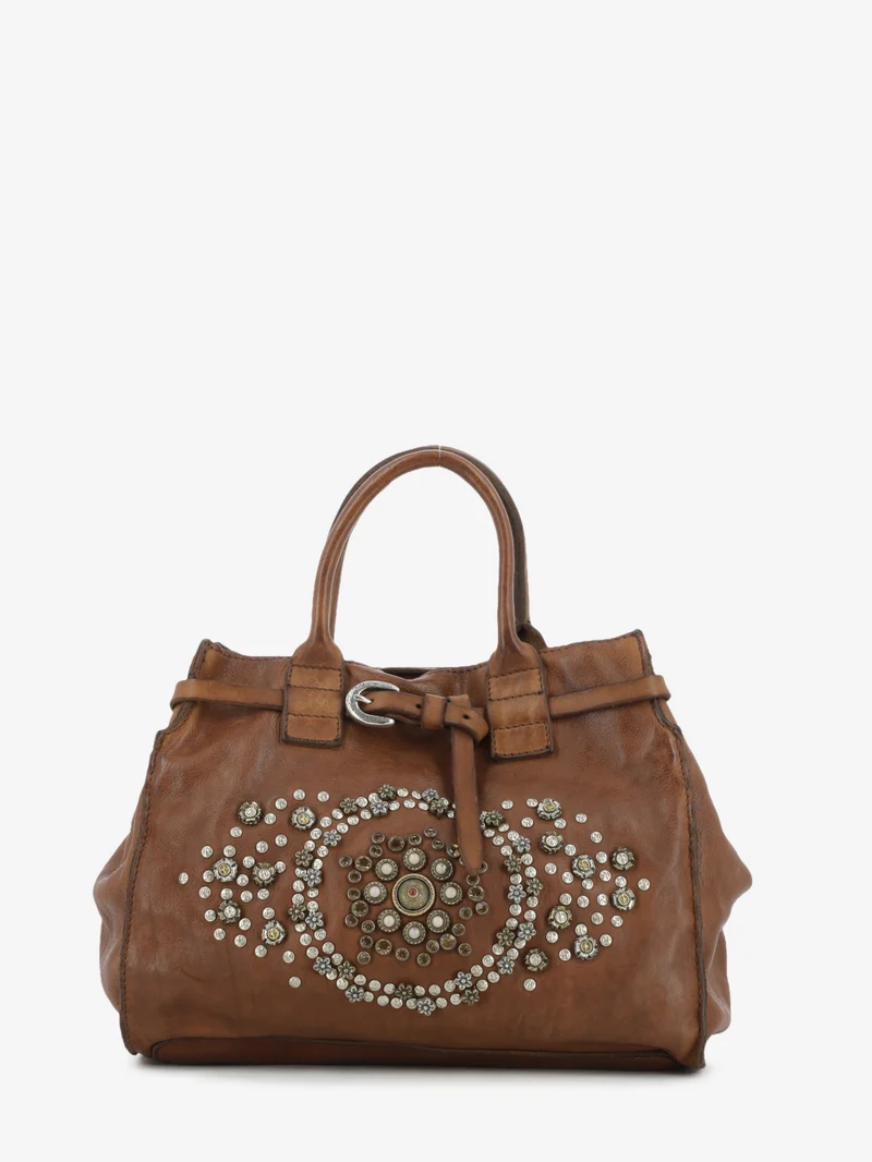 Borsa a mano Rossella in pelle con borchie marrone