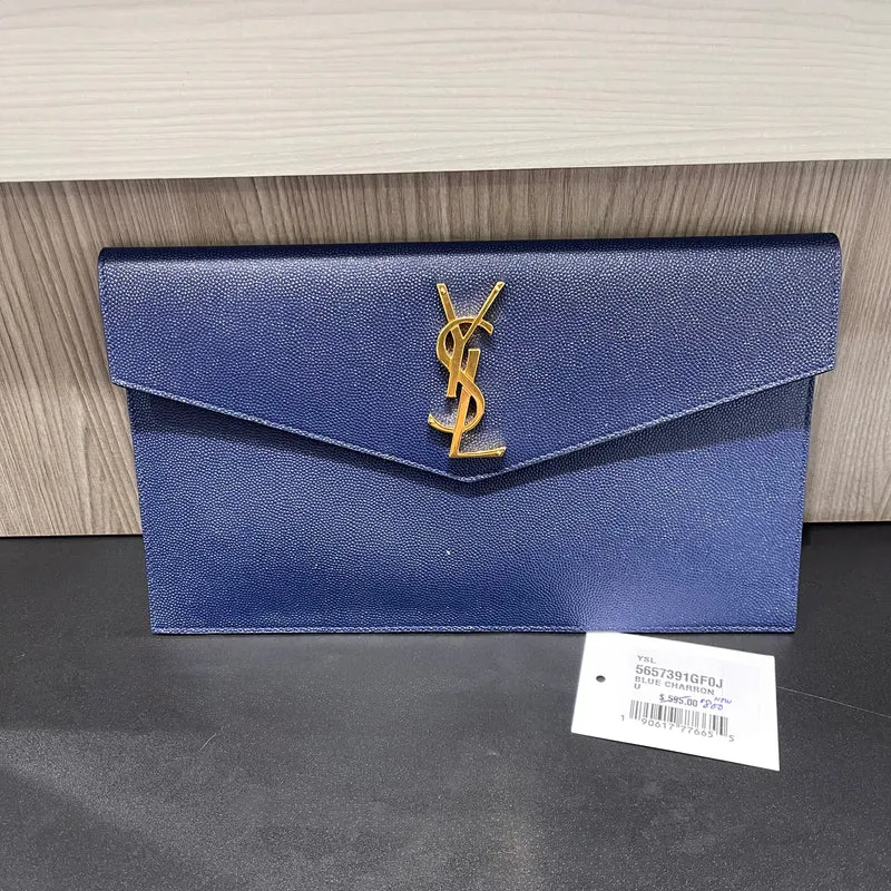 Pochette Uptown YSL Saint Laurent usata in pelle di vitello grain de poudre Charron blu