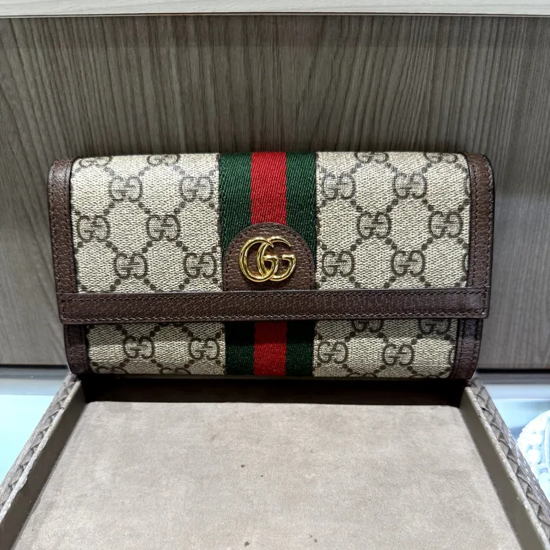 Portafoglio Gucci Ophidia GG Supreme Continental di seconda mano, marrone con nastro Web rosso/verde