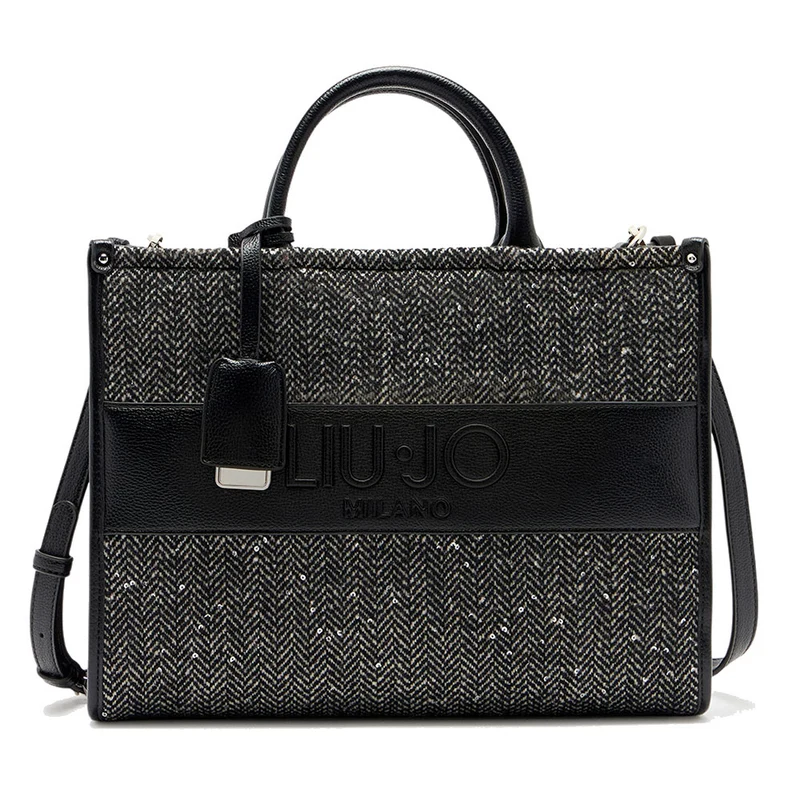 Borsa Donna a Mano Large LIU JO in Tessuto Chevron Nero con Paillettes