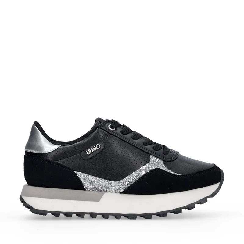 Sneakers Donna LIU JO Evelyn 915 in Microfibra Perforata Nera con Inserto Glitter Argento
