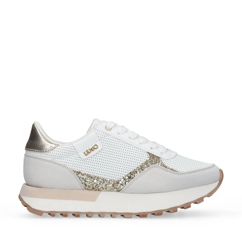 Sneakers Donna LIU JO Evelyn 915 in Microfibra Perforata Bianca con Inserto Glitter Oro