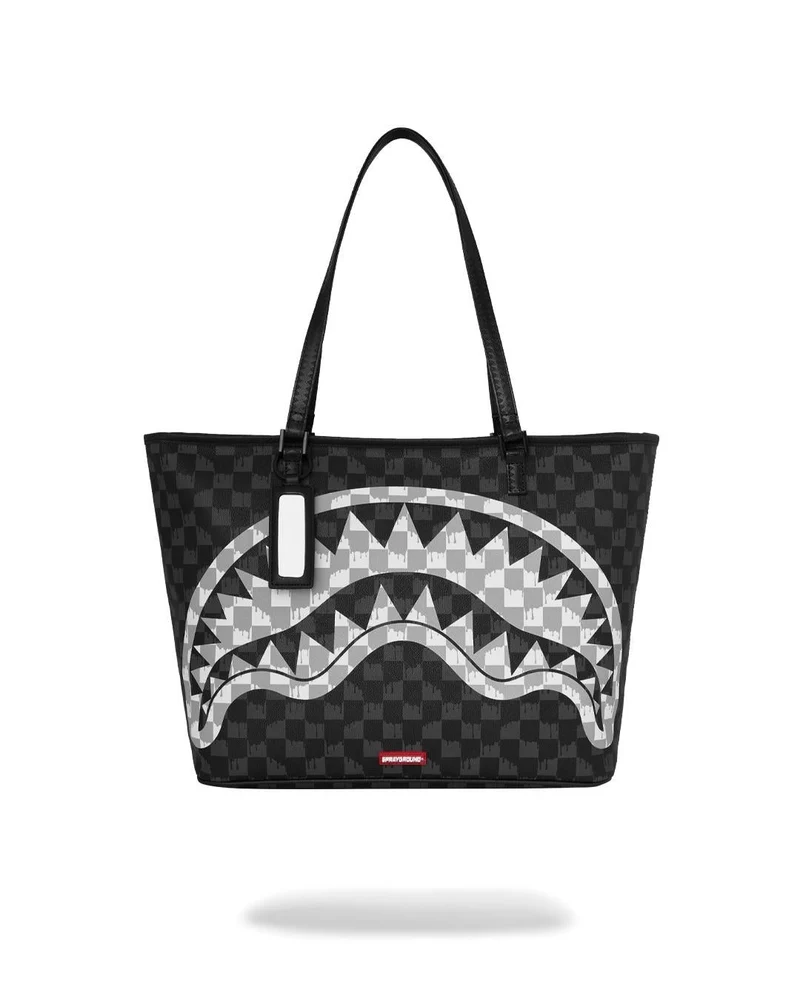 SPRAYGROUND BLACK AND WHITE DRIP CHECK SHARK TOTE