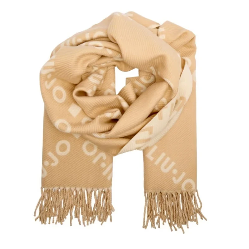 Stola Donna 70 x 180 cm LIU JO in Tessuto Beige con Logo Jacquard e Frange