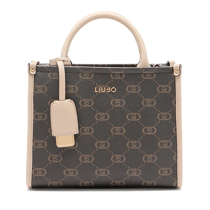 Borsa Donna a Mano LIU JO Marrone con Logo Monogram e Inserto effetto Bottalato Beige