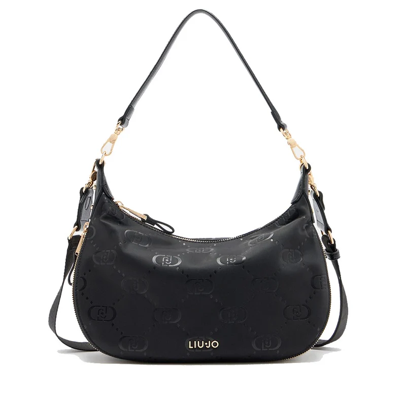 Hobo Bag Media con Tracolla LIU JO in Nylon Nero con Stampa Logo All Over
