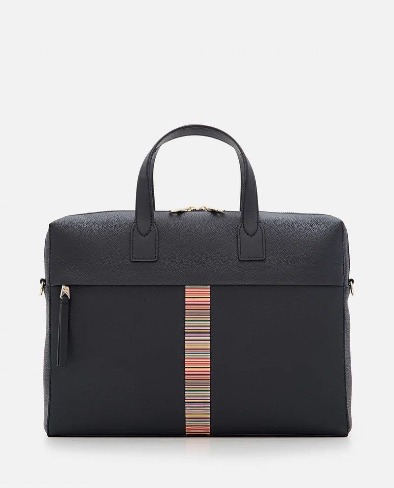 BORSA FOLIO IN PELLE NERA CON BORDI 'SIGNATURE STRIPE'