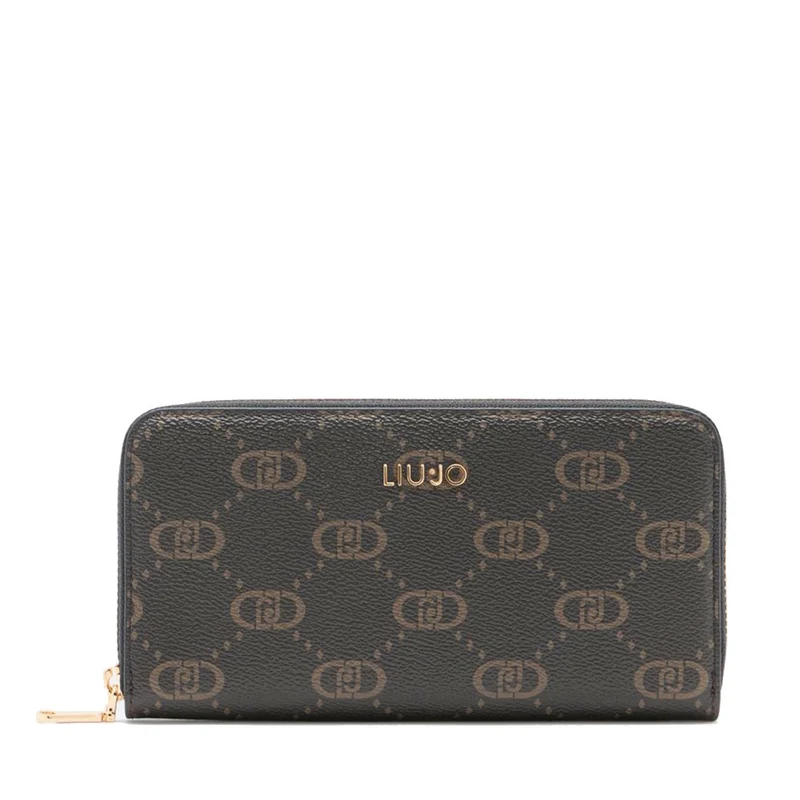 Portafoglio Donna Zip Around LIU JO Better Marrone stampa Logo All Over con Inserto Nero