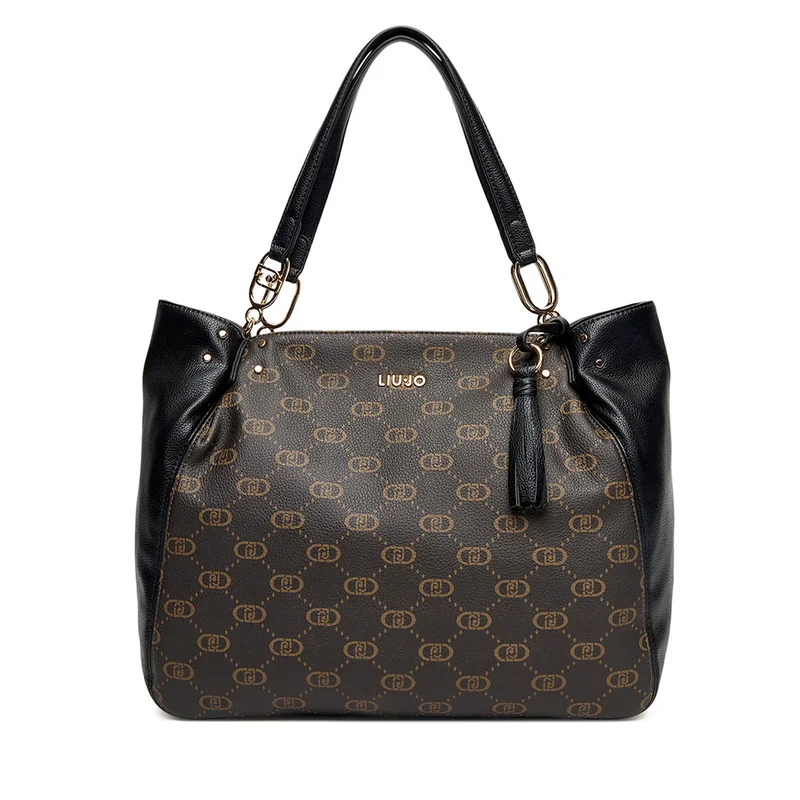 Shopping Bag LIU JO Marrone con Logo Monogram e Inserto effetto Bottalato Nero