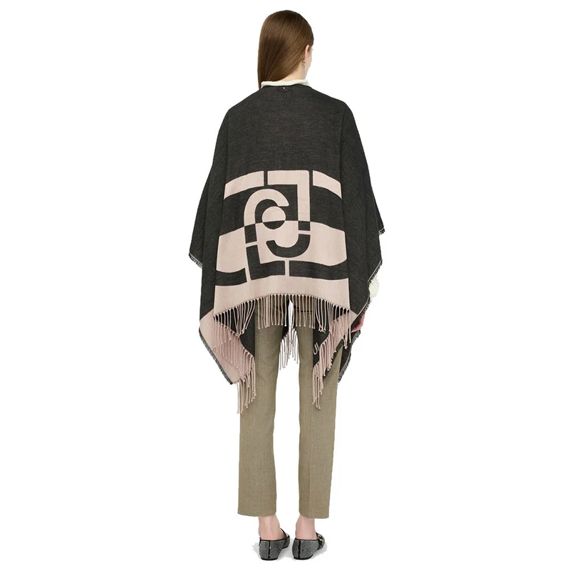 Poncho Donna LIU JO in Tessuto Nero con Logo Monogram e Frange