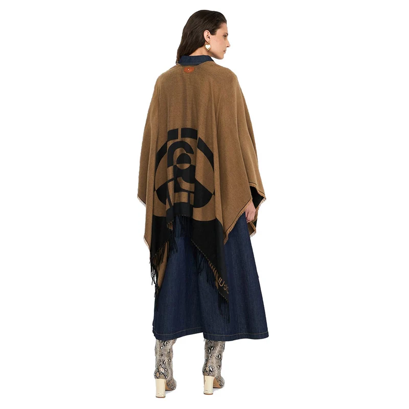 Poncho Donna LIU JO in Tessuto color Cammello con Logo Monogram e Frange