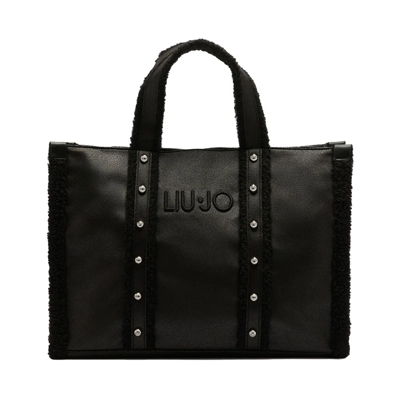 Shopping Bag Donna LIU JO in Tessuto Spalmato Effetto Montone e Inserti Teddy Nero