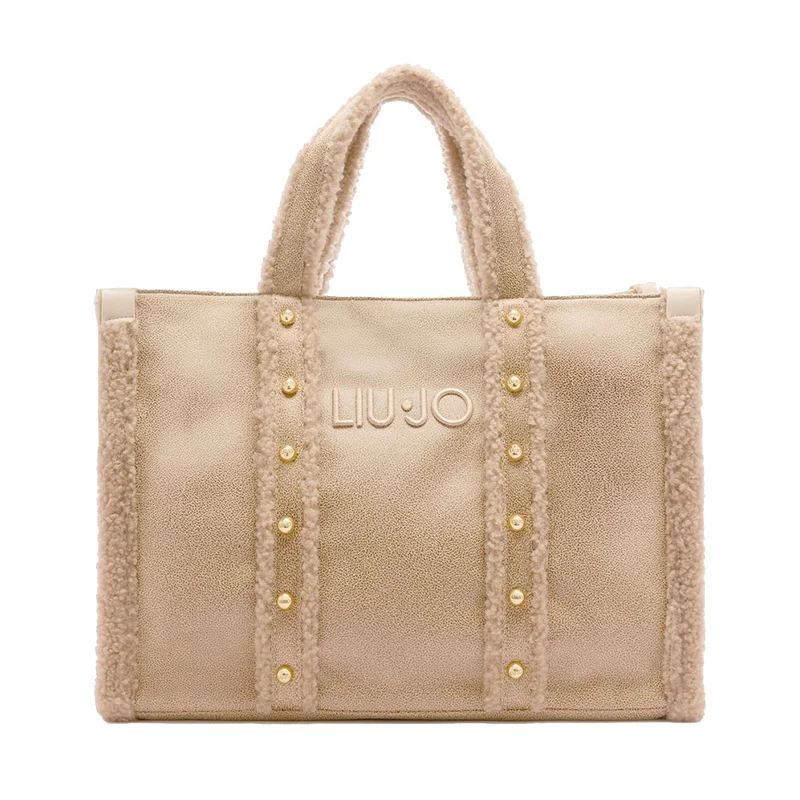 Shopping Bag Donna LIU JO in Tessuto Spalmato Effetto Montone e Inserti Teddy Beige Chiaro