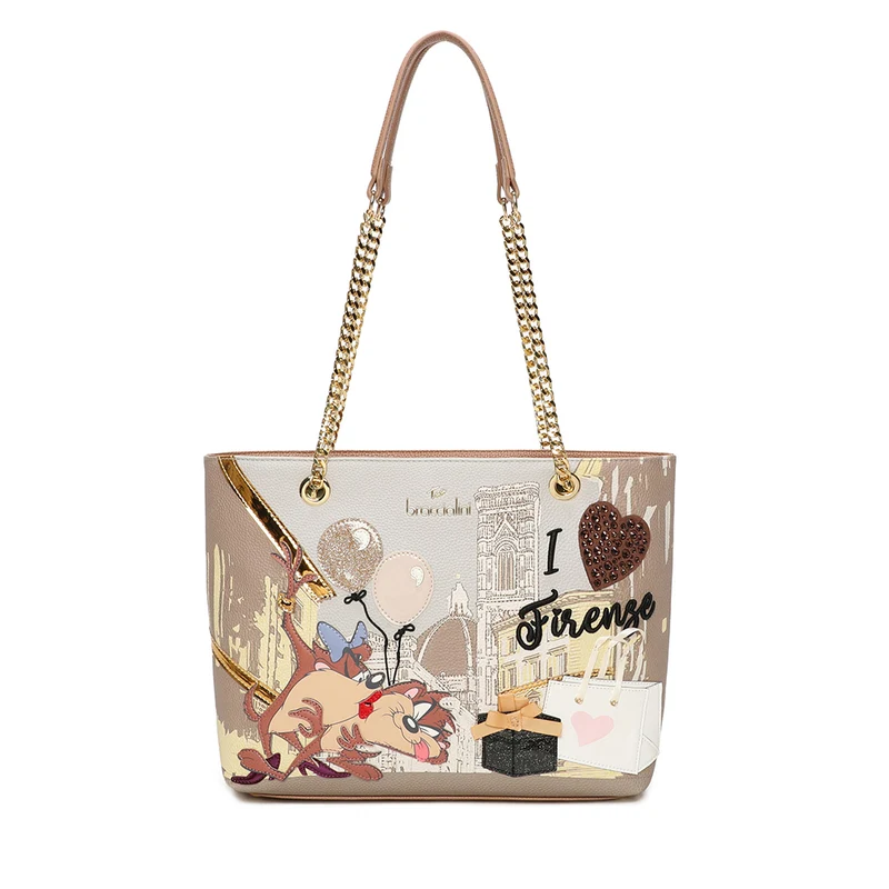Shopping Bag Donna BRACCIALINI linea Cartoline LT Marrone stampa Taz