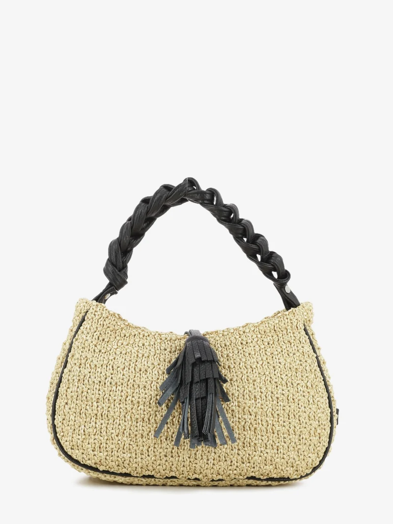 Borsa Keira raffia e pelle camel / nero